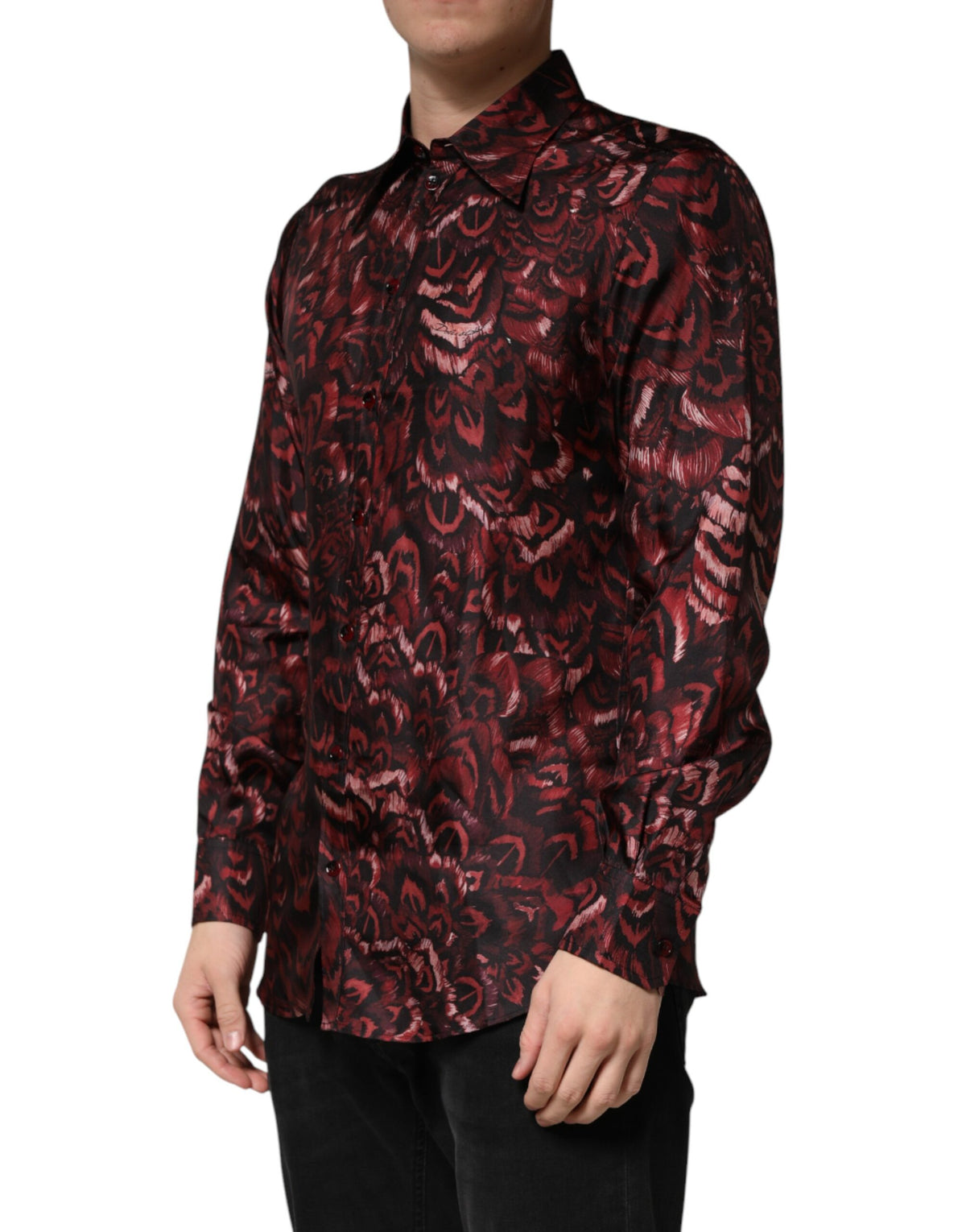Dolce & Gabbana Crisp Men's Slim Long-Sleeve Silk Dress Shirt - Bordeaux Patterned