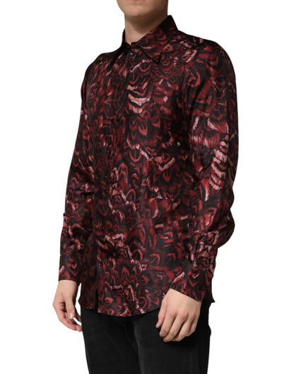 Dolce & Gabbana Crisp Men's Slim Long-Sleeve Silk Dress Shirt - Bordeaux Patterned