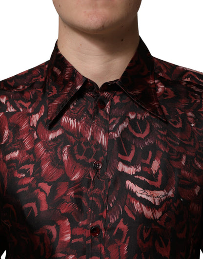Dolce & Gabbana Crisp Men's Slim Long-Sleeve Silk Dress Shirt - Bordeaux Patterned