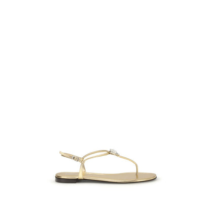 Flat Flip-Flop Sandals by Giuseppe Zanotti for women in bos taurus calf leather & rhinestone gold presents a sculptural silhouette, showcasing the Women's Bos Taurus Calf Leather & Rhinestone Flat Flip-Flop Sandals design with a sculptural flat and for a premium look.