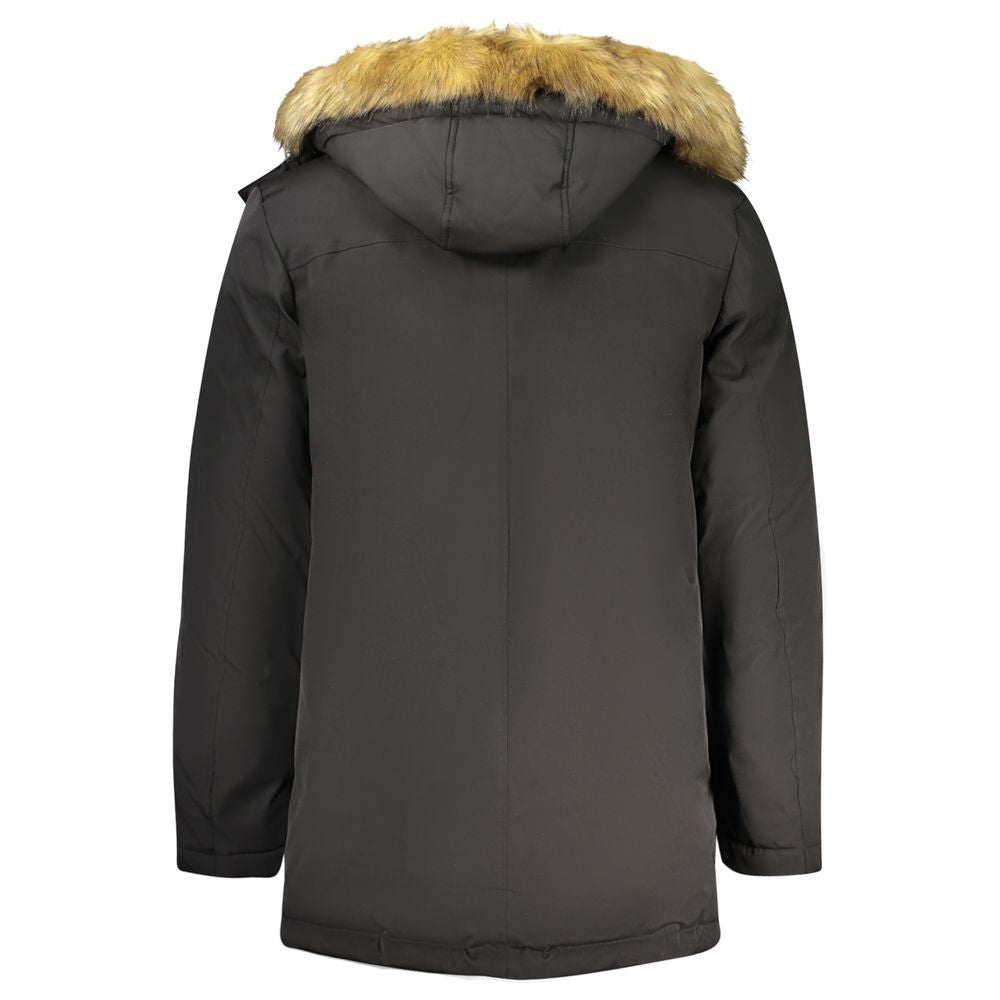 Hooded Parka by Guess Jeans for men in polyester fur black presents a decadent silhouette, showcasing the decadent and functional pockets & hooded for a premium, weather-ready look.