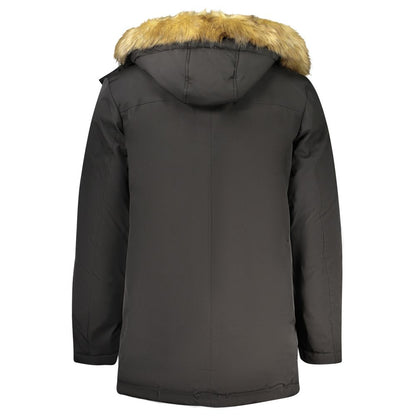 Hooded Parka by Guess Jeans for men in polyester fur black presents a decadent silhouette, showcasing the decadent and functional pockets & hooded for a premium, weather-ready look.