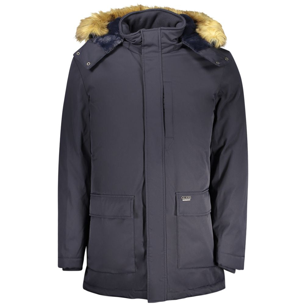 Hooded Parka by Guess Jeans for men in faux polyester fur beige & blue, presenting a cosy silhouette with distinctive pockets & hooded and a refined hooded neckline.