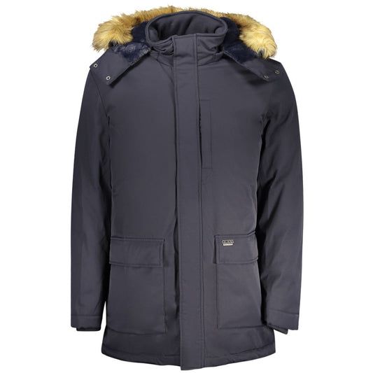 Hooded Parka by Guess Jeans for men in faux polyester fur beige & blue, presenting a cosy silhouette with distinctive pockets & hooded and a refined hooded neckline.