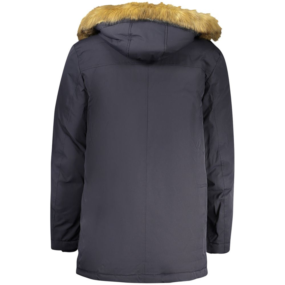 Hooded Parka by Guess Jeans for men in faux polyester fur beige & blue features an avant garde silhouette, showcasing refined pockets & hooded and a sophisticated for a polished look.