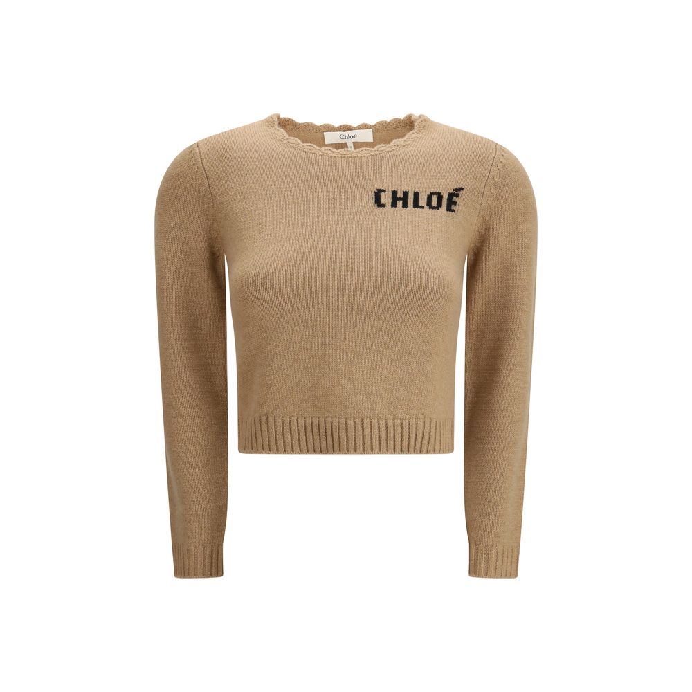 Sweatshirt by Chloé for women in cashmere wool & capra leather brown, gray & signature features an exquisite silhouette, showcasing long-sleeve and crew neckline details for a exquisite look.