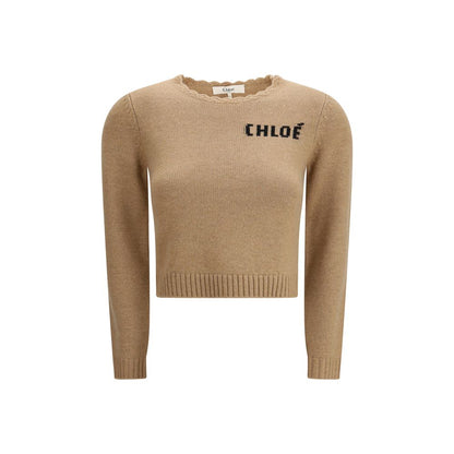 Sweatshirt by Chloé for women in cashmere wool & capra leather brown, gray & signature features an exquisite silhouette, showcasing long-sleeve and crew neckline details for a exquisite look.