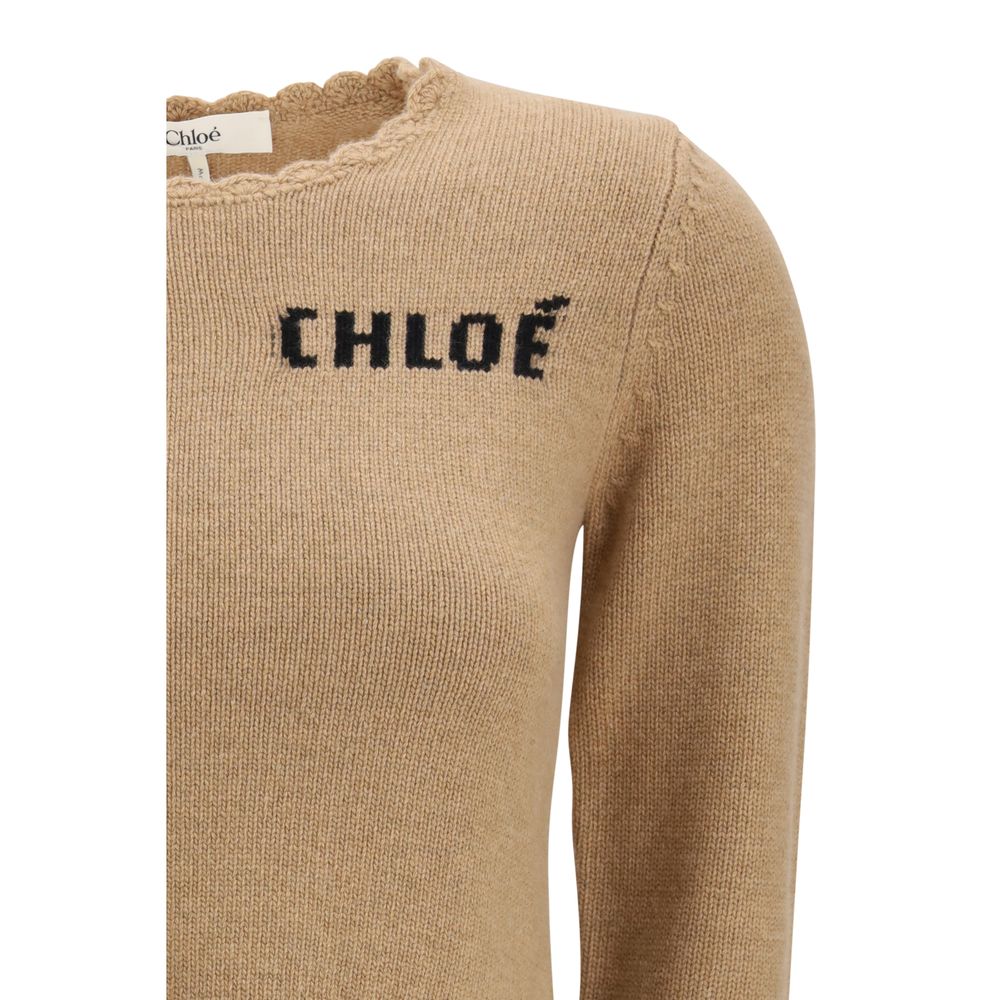 Sweatshirt by Chloé for women in cashmere wool & capra leather brown, gray & signature presents a smart casual silhouette, featuring a smart casual and for a sophisticated look.
