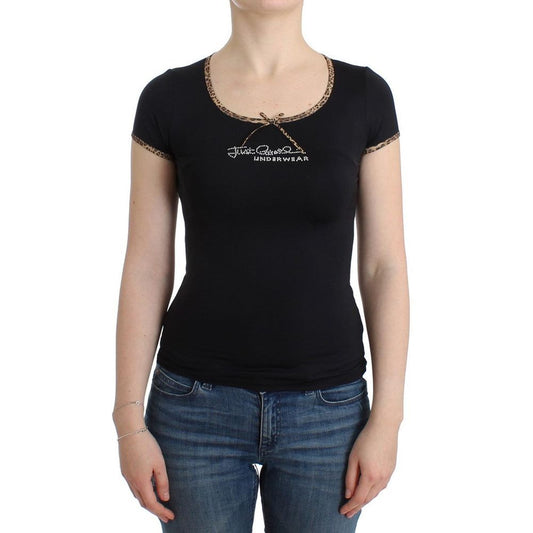Activewear T-Shirt by Roberto Cavalli for women in stretch nylon black features an athletic silhouette with sleeves and a neckline, enhanced by high-performance .