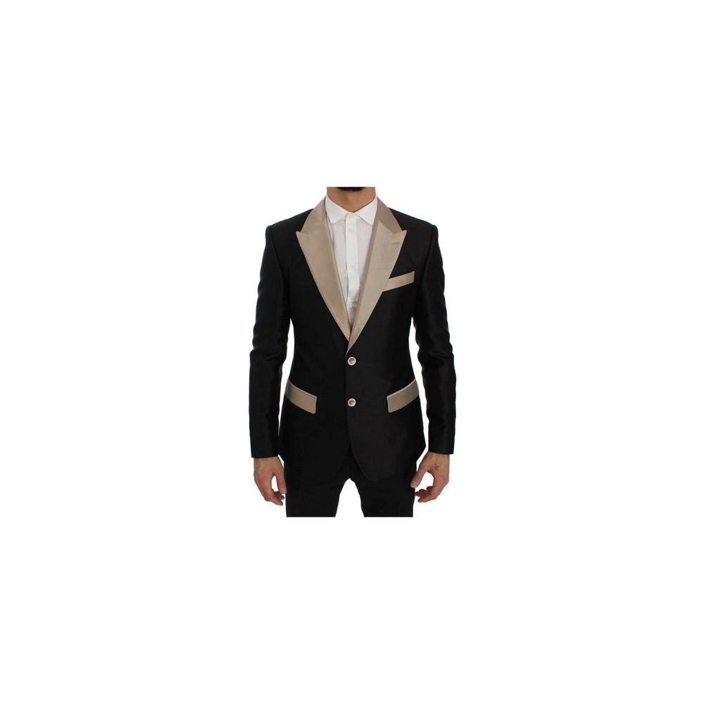 Pant Suit by Dolce & Gabbana for men in silk & rayon beige & black presents a nuanced silhouette, showcasing a nuanced single-breasted neckline and nuanced slim for an elevated aesthetic.