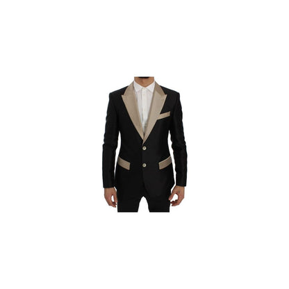 Pant Suit by Dolce & Gabbana for men in silk & rayon beige & black presents a nuanced silhouette, showcasing a nuanced single-breasted neckline and nuanced slim for an elevated aesthetic.