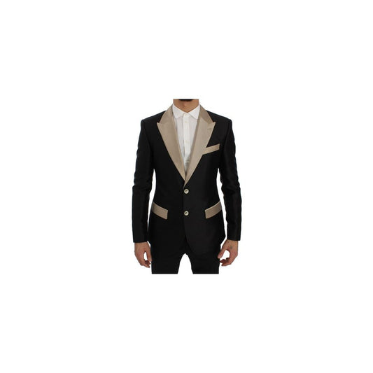 Pant Suit by Dolce & Gabbana for men in silk & rayon beige & black presents a nuanced silhouette, showcasing a nuanced single-breasted neckline and nuanced slim for an elevated aesthetic.