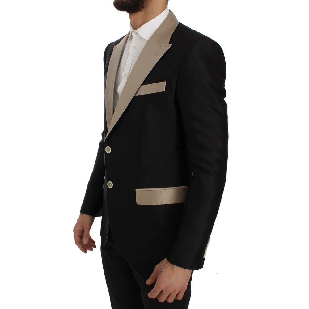 Pant Suit by Dolce & Gabbana for men in silk & rayon beige & black features a tailored silhouette, showcasing a sophisticated single-breasted neckline and tailored slim for a refined, professional look.
