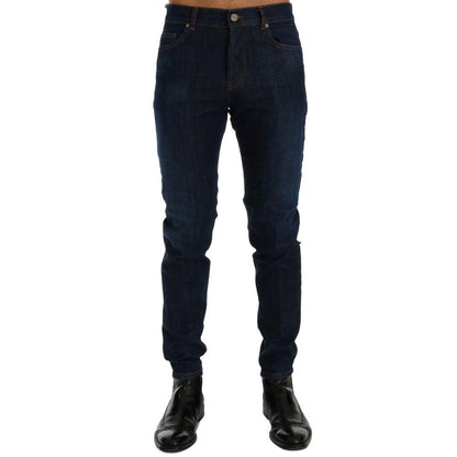 Jeans by Frankie Morello for men in stretch denim cotton blue features an refined tailoring silhouette, showcasing a premium slim with a and long cut for a refined tailoring look.