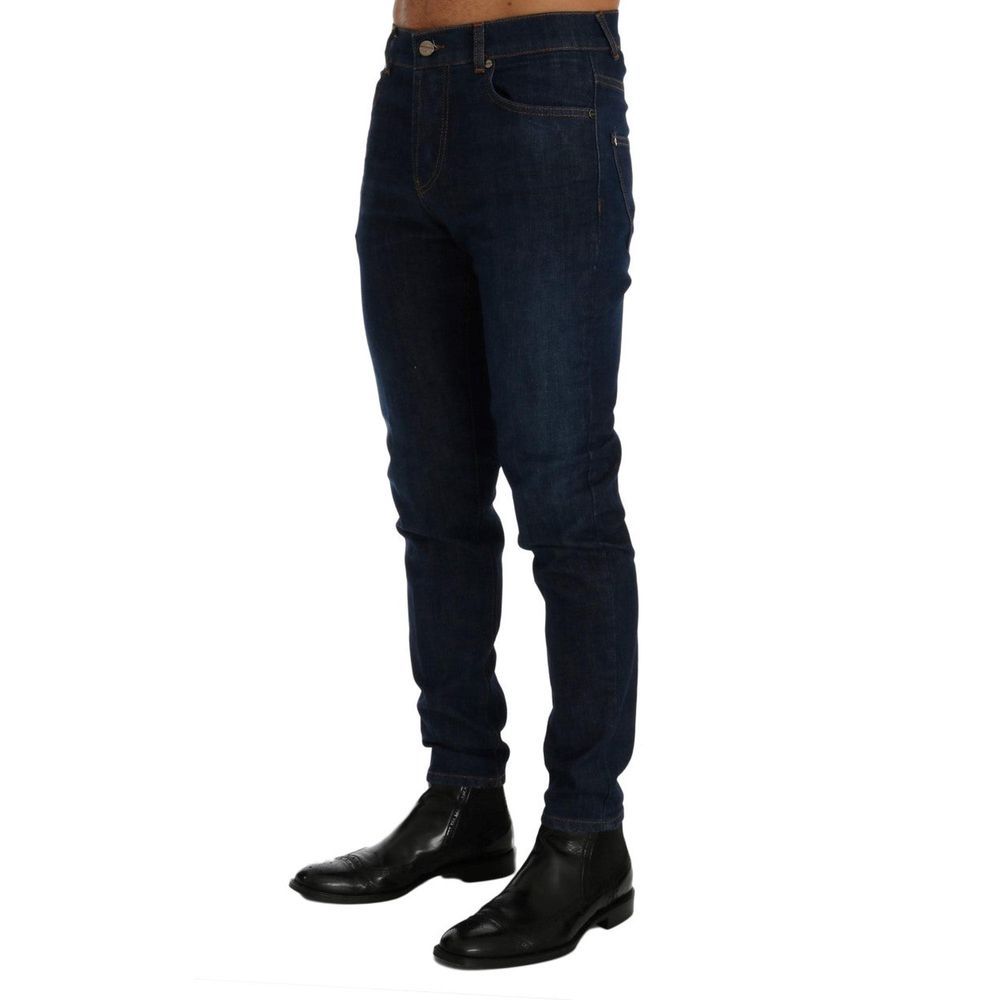 Jeans by Frankie Morello for men in stretch denim cotton blue features an sartorial slim and long with a cut for a sartorial finish.