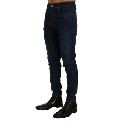 Jeans by Frankie Morello for men in stretch denim cotton blue features an sartorial slim and long with a cut for a sartorial finish.