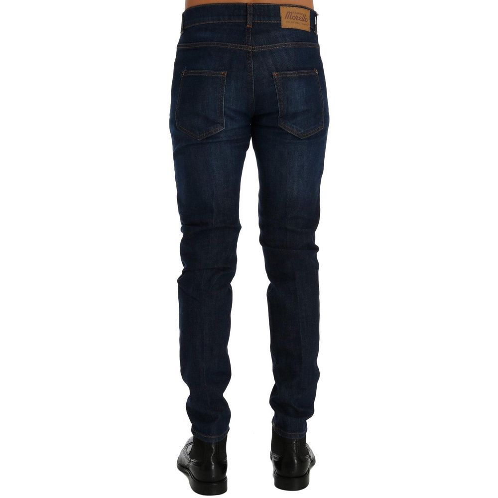 Jeans by Frankie Morello for men in stretch denim cotton blue presents a refined pantology silhouette, artfully defined by a refined pantology slim, long, and a sophisticated .