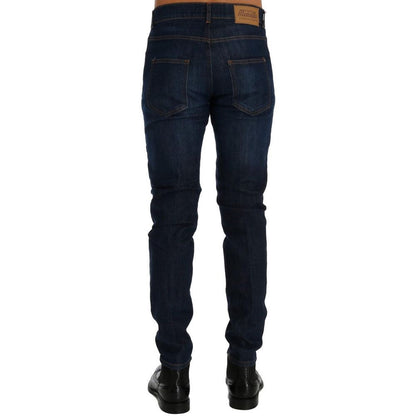 Jeans by Frankie Morello for men in stretch denim cotton blue presents a refined pantology silhouette, artfully defined by a refined pantology slim, long, and a sophisticated .