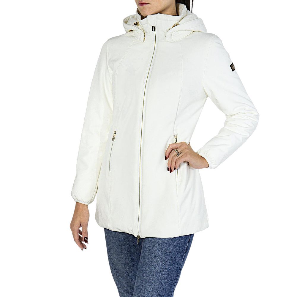 Hooded Puffer Jacket by Yes Zee for women in polyamide gold & white features a city-ready silhouette, detailed with thermal, water-resistant, pockets, hooded, insulated & windproof and a city-ready hooded neckline.