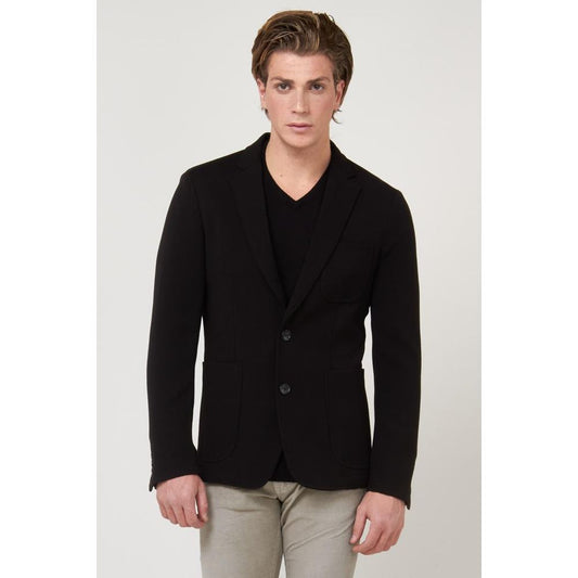 Blazer by Gas for men in stretch viscose polyester black showcases a discerning silhouette, elegantly detailed with a sophisticated and premium for a truly discerning finish.