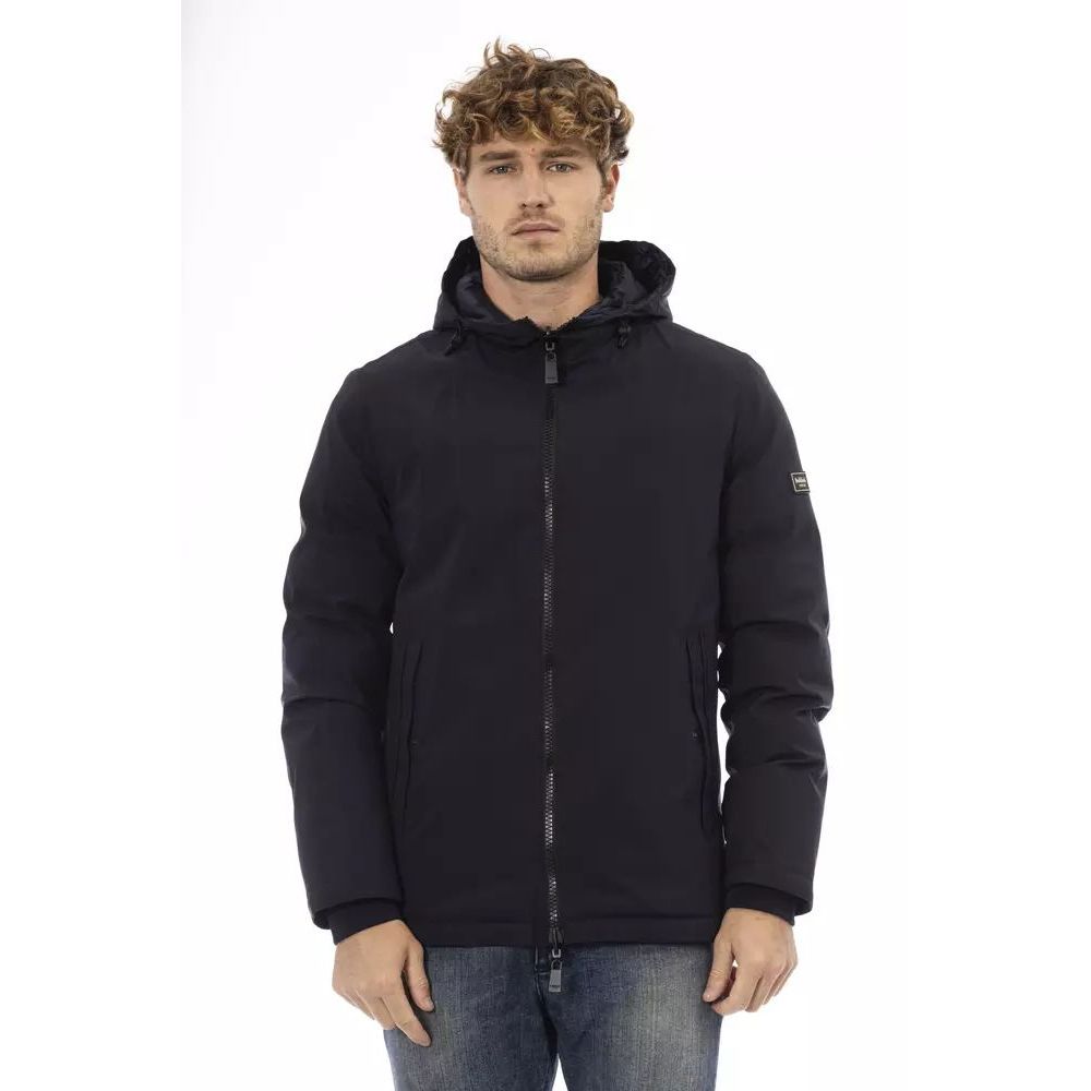 Windbreaker Jacket by Baldinini Trend for men in polyester blue & monogram features an enduring silhouette, showcasing technical pockets & windproof and a sophisticated for a truly enduring aesthetic.