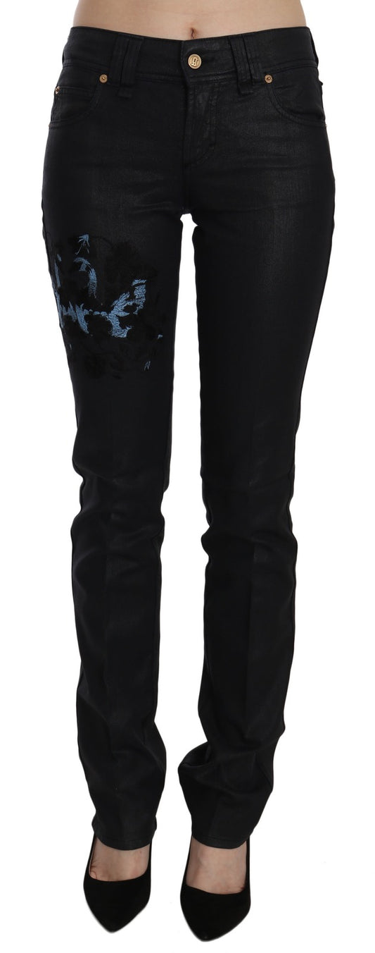 John Galliano Women's Skinny Mid Rise Stretch Denim Cotton Jeans - Black Floral