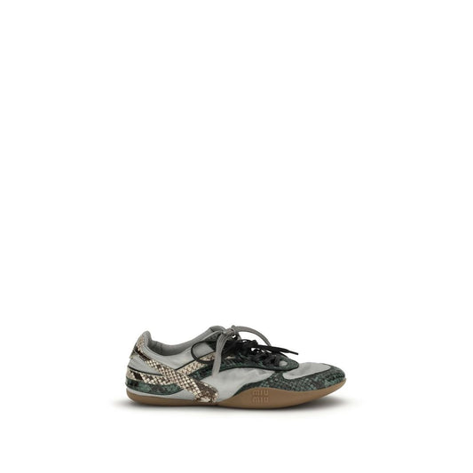 Athletic Sneakers by Miu Miu for women in python leather animal, gray & print showcases a architectural silhouette, artfully capturing the essence of the Women's Athletic Python Leather Sneakers with its signature architectural athletic style construction.