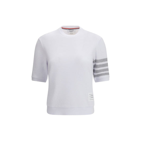 Activewear T-Shirt by Thom Browne for women in stretch cotton white & signature features a versatile silhouette, showcasing a versatile and short-sleeve detailed with high-performance for a premium look.