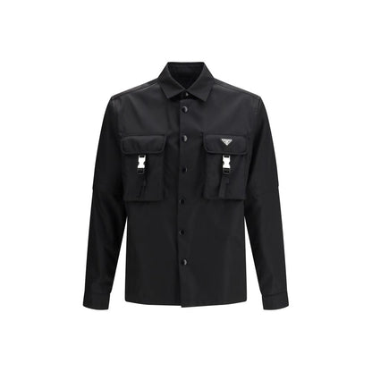 Jacket by Prada for men in polyamide plastic textile black showcases a contemporary silhouette, detailed with a contemporary and premium pockets for a sophisticated finish.