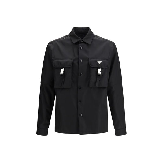Jacket by Prada for men in polyamide plastic textile black showcases a contemporary silhouette, detailed with a contemporary and premium pockets for a sophisticated finish.