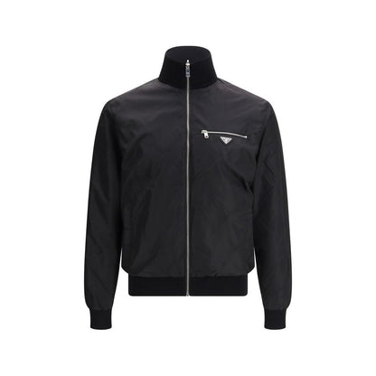 Bomber Jacket by Prada for men in virgin wool & polyamide black & signature features a dramatic silhouette, showcasing a sophisticated stand-collar neckline and distinctive pockets for a dramatic aesthetic.