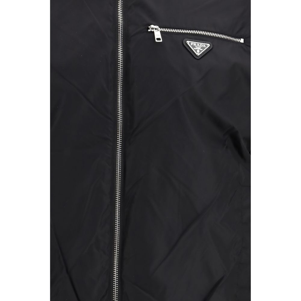 Bomber Jacket by Prada for men in virgin wool & polyamide black & signature features an contemporary silhouette, showcasing a sophisticated and contemporary pockets for a truly refined look.
