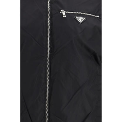 Bomber Jacket by Prada for men in virgin wool & polyamide black & signature features an contemporary silhouette, showcasing a sophisticated and contemporary pockets for a truly refined look.