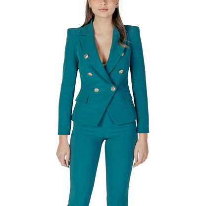 Blazer by Rinascimento for women in stretch polyester black & gold showcases a discerning silhouette, elegantly detailed with a sophisticated round neckline and premium for a truly discerning finish.
