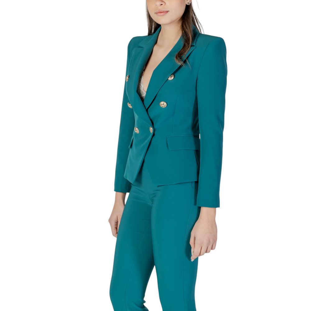 Blazer by Rinascimento for women in stretch polyester black & gold showcases a polished silhouette, highlighted by a refined round neckline and polished for a sophisticated finish.