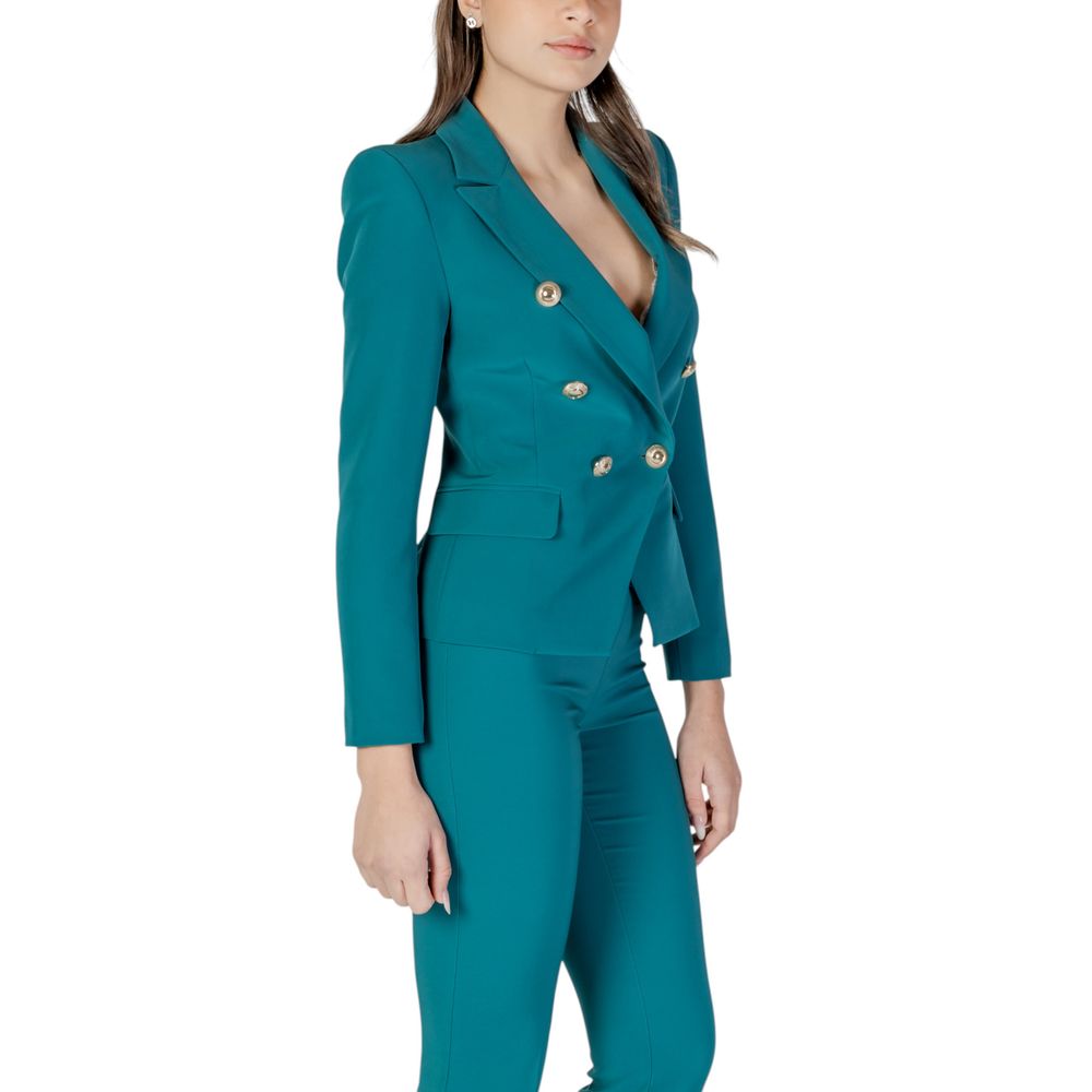 Blazer by Rinascimento for women in stretch polyester black & gold presents a distinguished silhouette, detailed with a distinguished round neckline and distinctive for a truly sophisticated finish.