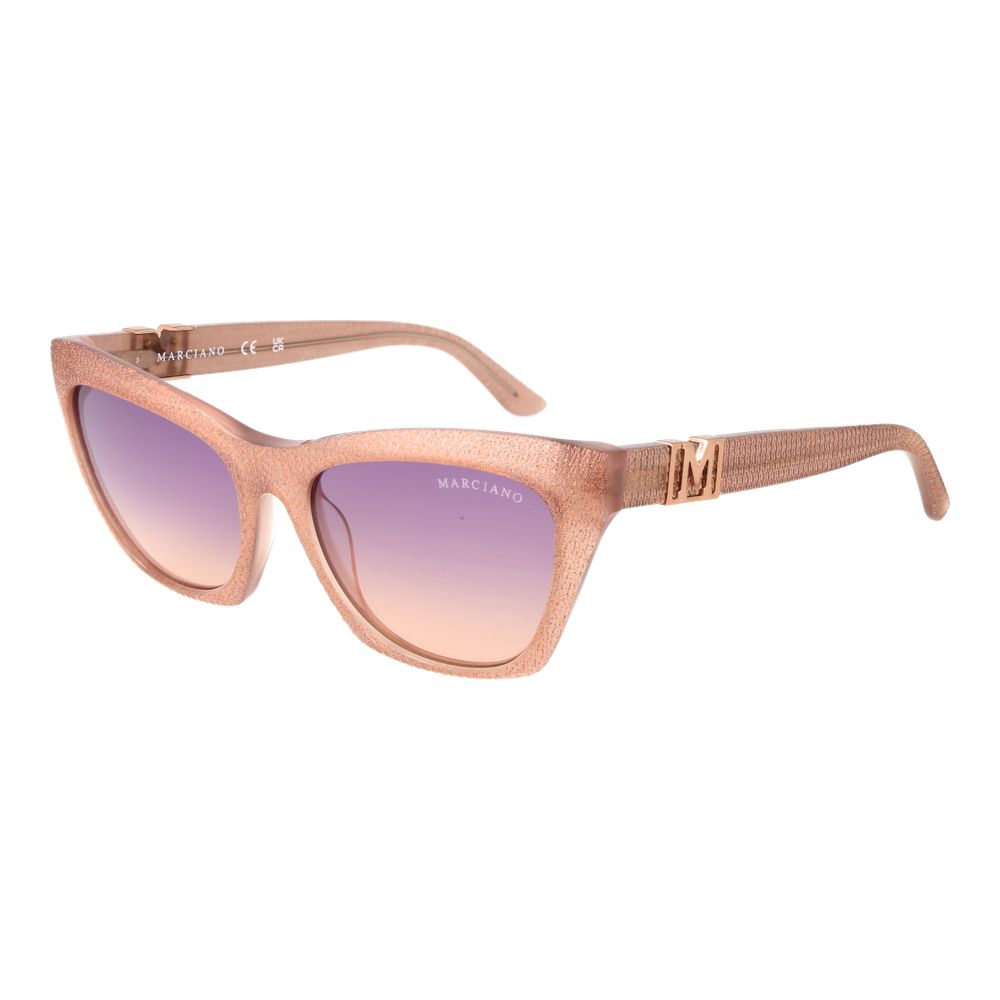 Sunglasses by Marciano by Guess for women in acetate beige showcases a ethereal silhouette, featuring beige coloured frame full-rim cat-eye frame design with gradient category-2-medium-tint lens for a ethereal finish.