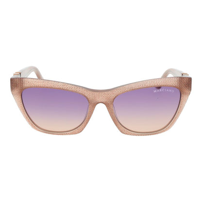 Sunglasses by Marciano by Guess for women in acetate beige features an ethereal full-rim cat-eye frame design with beige coloured frame frames and gradient category-2-medium-tint lens for a ethereal finish.