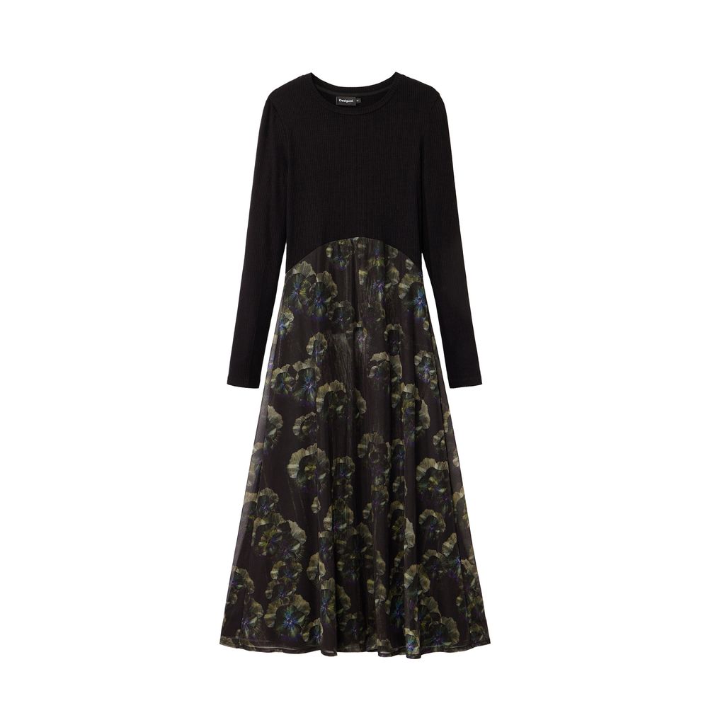 Desigual Women's Long-Sleeve Round Neck Stretch Polyester Viscose Chiffon Dress - Black Patterned Print