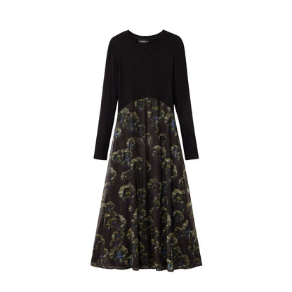 Desigual Women's Long-Sleeve Round Neck Stretch Polyester Viscose Chiffon Dress - Black Patterned Print