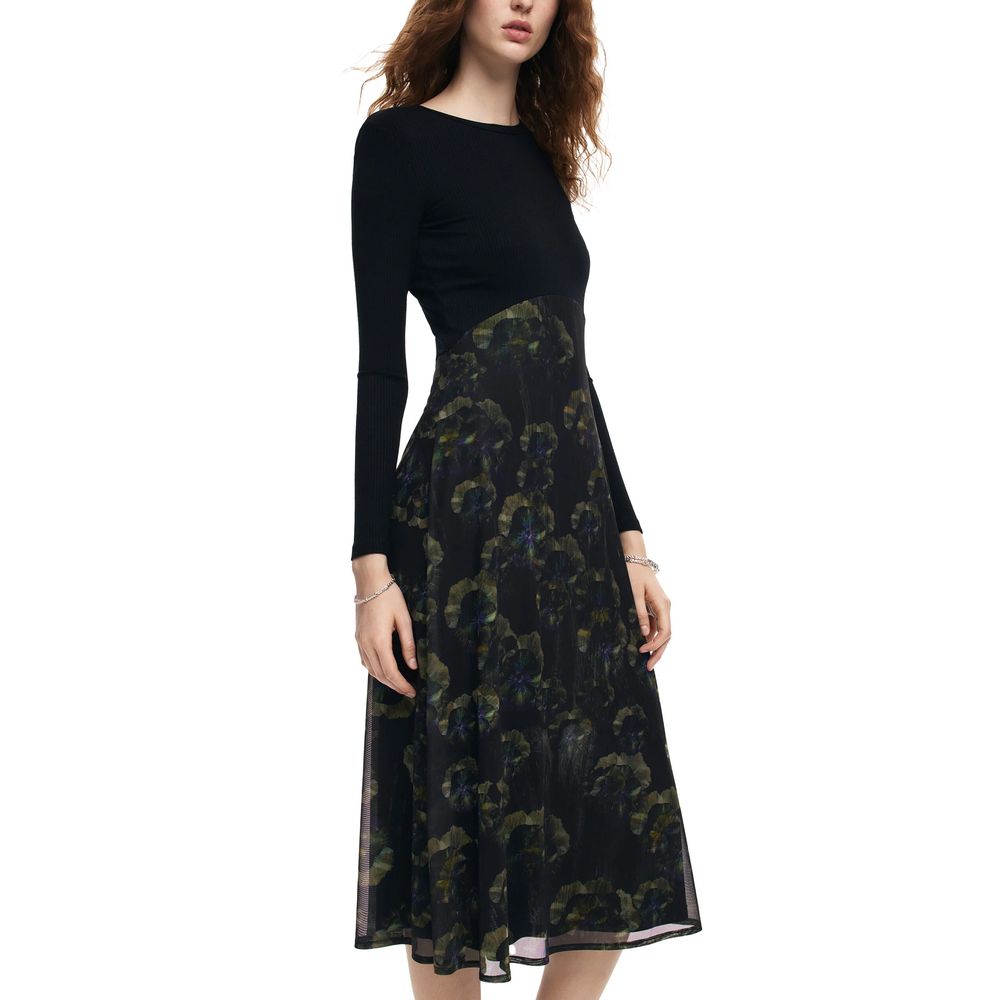 Desigual Women's Long-Sleeve Round Neck Stretch Polyester Viscose Chiffon Dress - Black Patterned Print