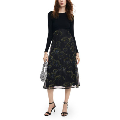 Desigual Women's Long-Sleeve Round Neck Stretch Polyester Viscose Chiffon Dress - Black Patterned Print