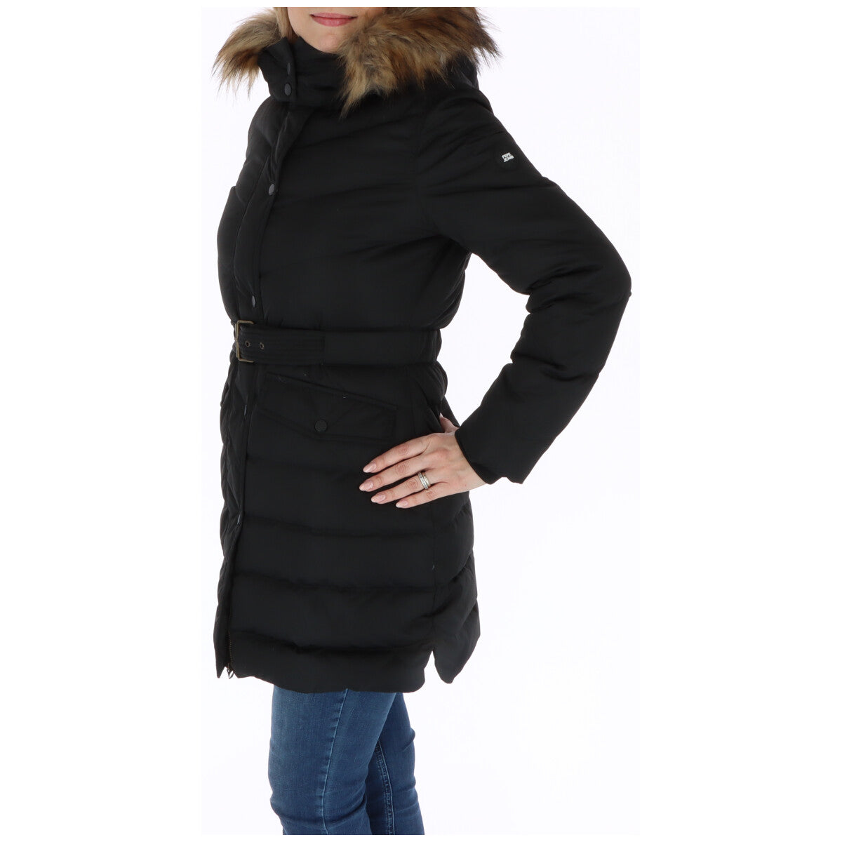 Hooded Overcoat by Pepe Jeans for women in polyester black presents a luxurious silhouette, showcasing a luxurious hooded neckline and sophisticated pockets & hooded for a premium, luxurious look.