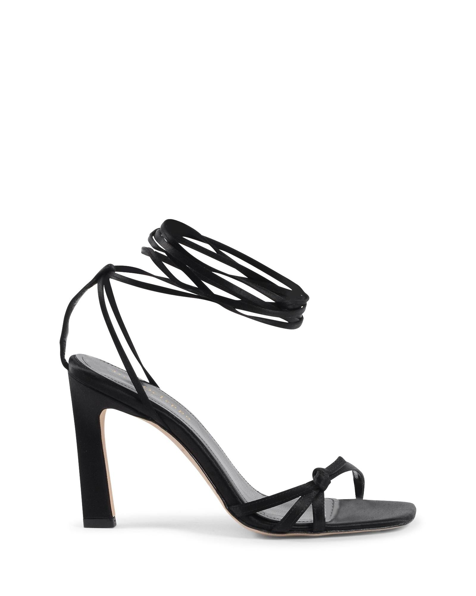 High-Heel Sandals by Dee Ocleppo for women in satin black presents a sculptural silhouette, showcasing the Women's Satin High-Heel Sandals design with a sculptural 10-cm-heel high-heel and for a premium look.