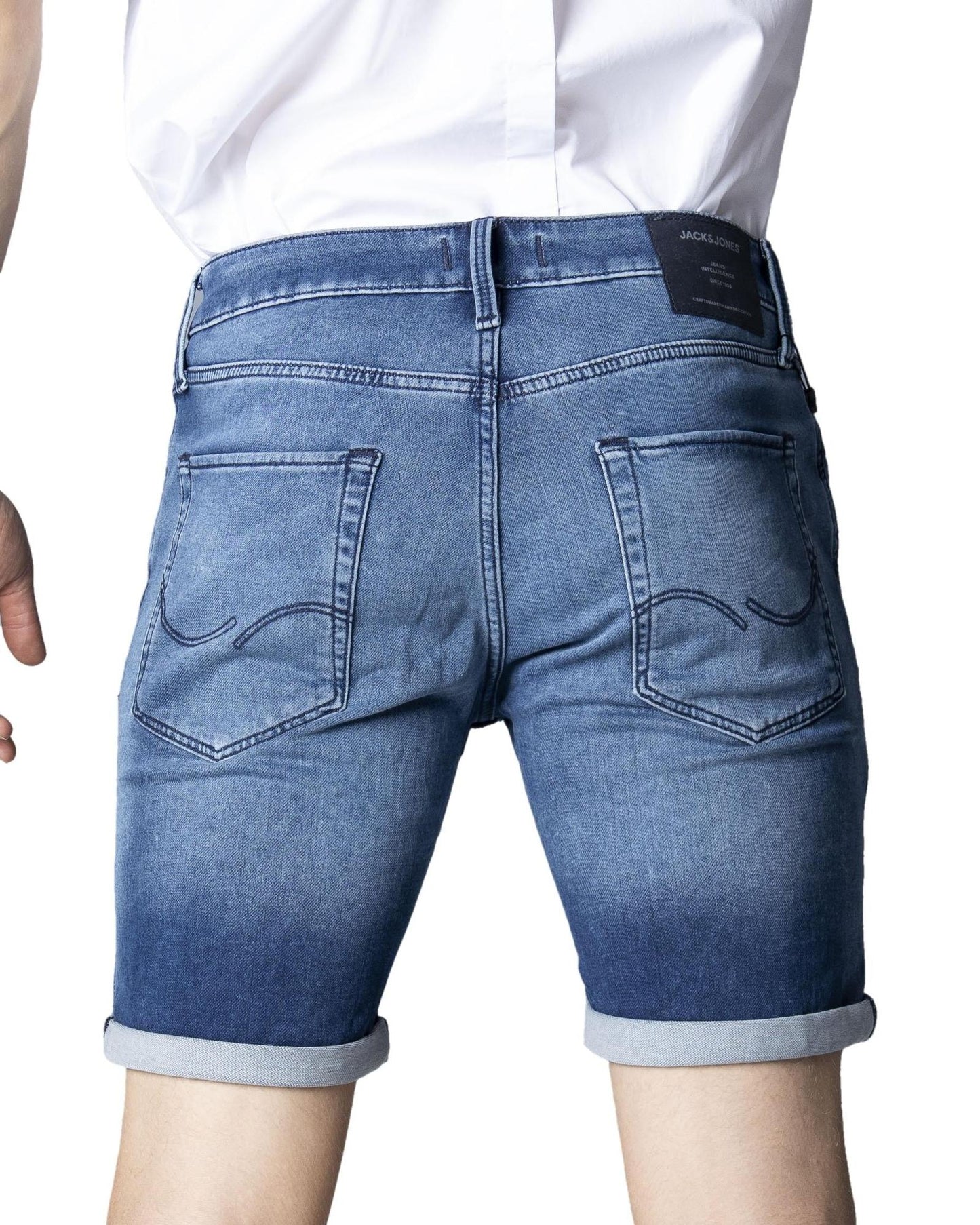 Denim Shorts by Jack & Jones for men in stretch denim cotton blue presents a utilitarian silhouette, showcasing a utilitarian with a short and .
