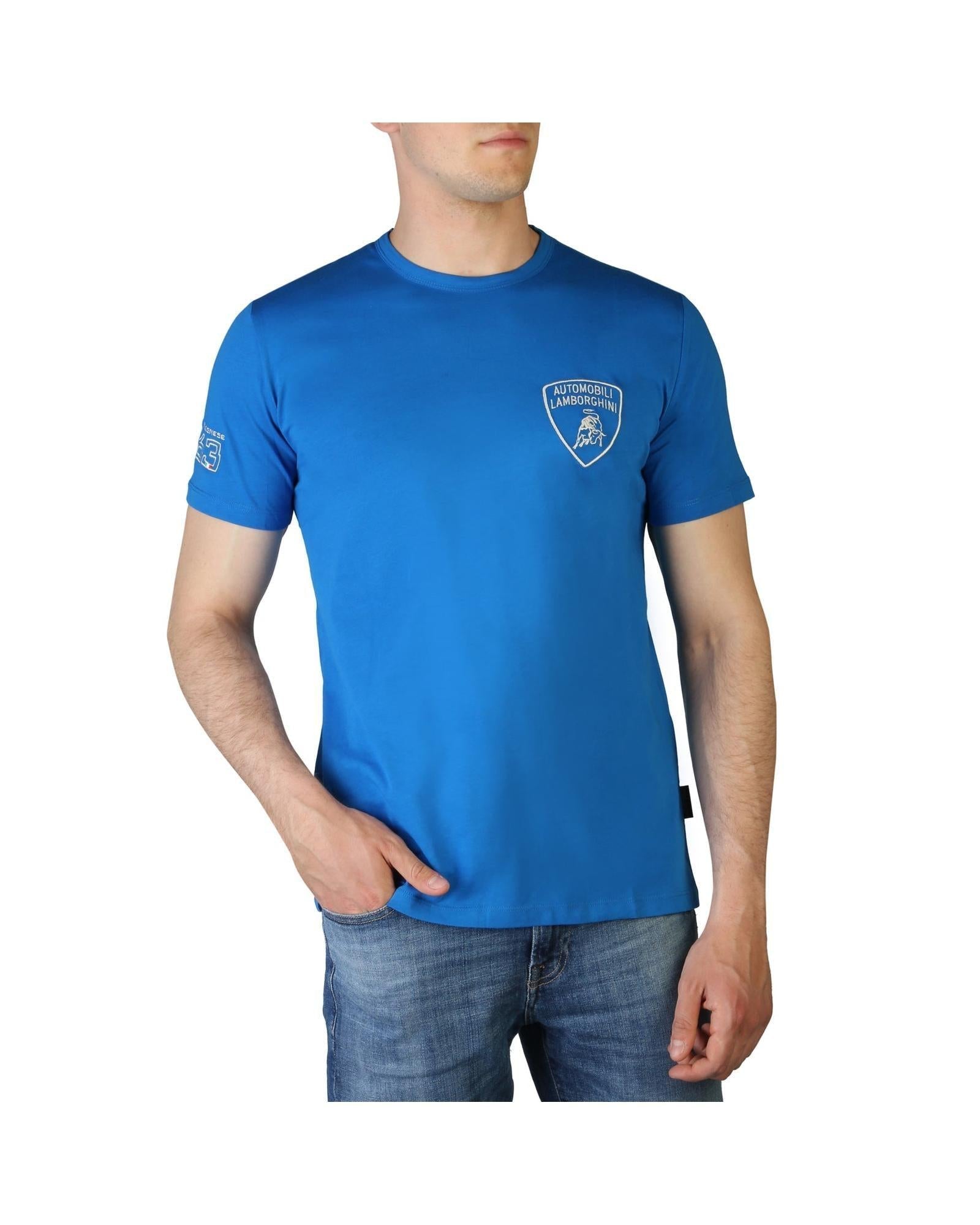 T-Shirt by Lamborghini for men in cotton blue features an edgy silhouette, meticulously detailed with a sophisticated and for a truly edgy finish.