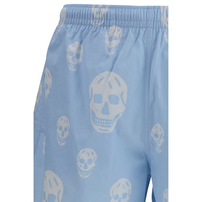 Swim Shorts from Alexander McQueen for men in polyamide light-blue & print features an sleek silhouette, showcasing the distinct style of the Skull Men's Polyamide Swim Shorts collection.