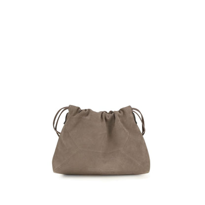 Drawstring Pouch Clutch Handbag by Brunello Cucinelli for women in bos taurus calf nappa & suede leather beige & signature showcases a sculptural silhouette, featuring a secure drawstring, ample internal-pockets, and versatile shoulder-strap for a sculptural finish.