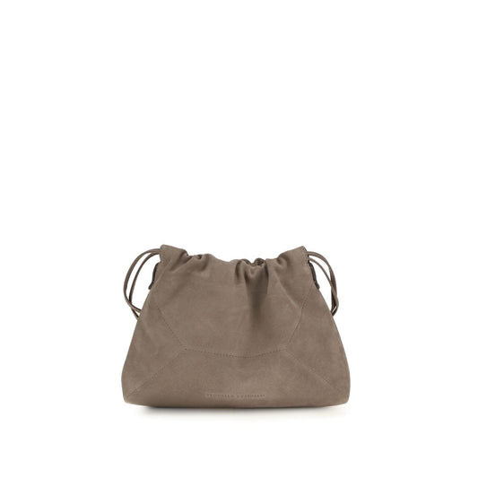 Drawstring Pouch Clutch Handbag by Brunello Cucinelli for women in bos taurus calf nappa & suede leather beige & signature showcases a sculptural silhouette, featuring a secure drawstring, ample internal-pockets, and versatile shoulder-strap for a sculptural finish.