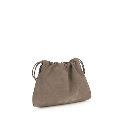 Drawstring Pouch Clutch Handbag by Brunello Cucinelli for women in bos taurus calf nappa & suede leather beige & signature features a statuesque silhouette, showcasing a secure drawstring and organized internal-pockets with versatile shoulder-strap for statuesque evening wear.